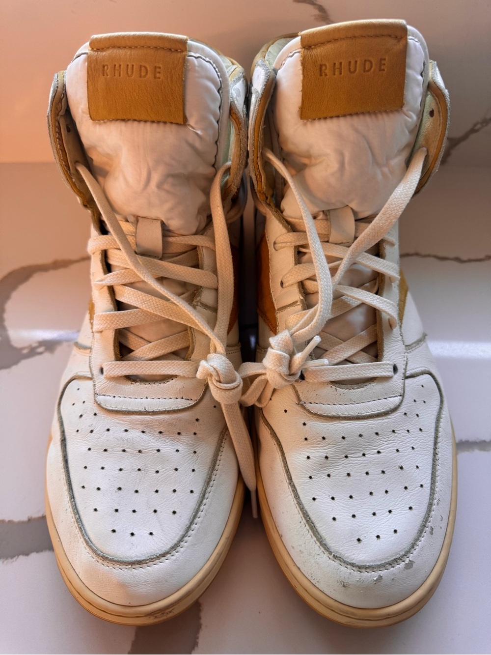 Rhude Rhecess Hi White/Yellow Leather Sneakers - Size 12 - Picture 12 of 16